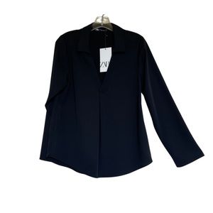 ZARA Top Long Sleeve V Neck Black Blouse XS NWT